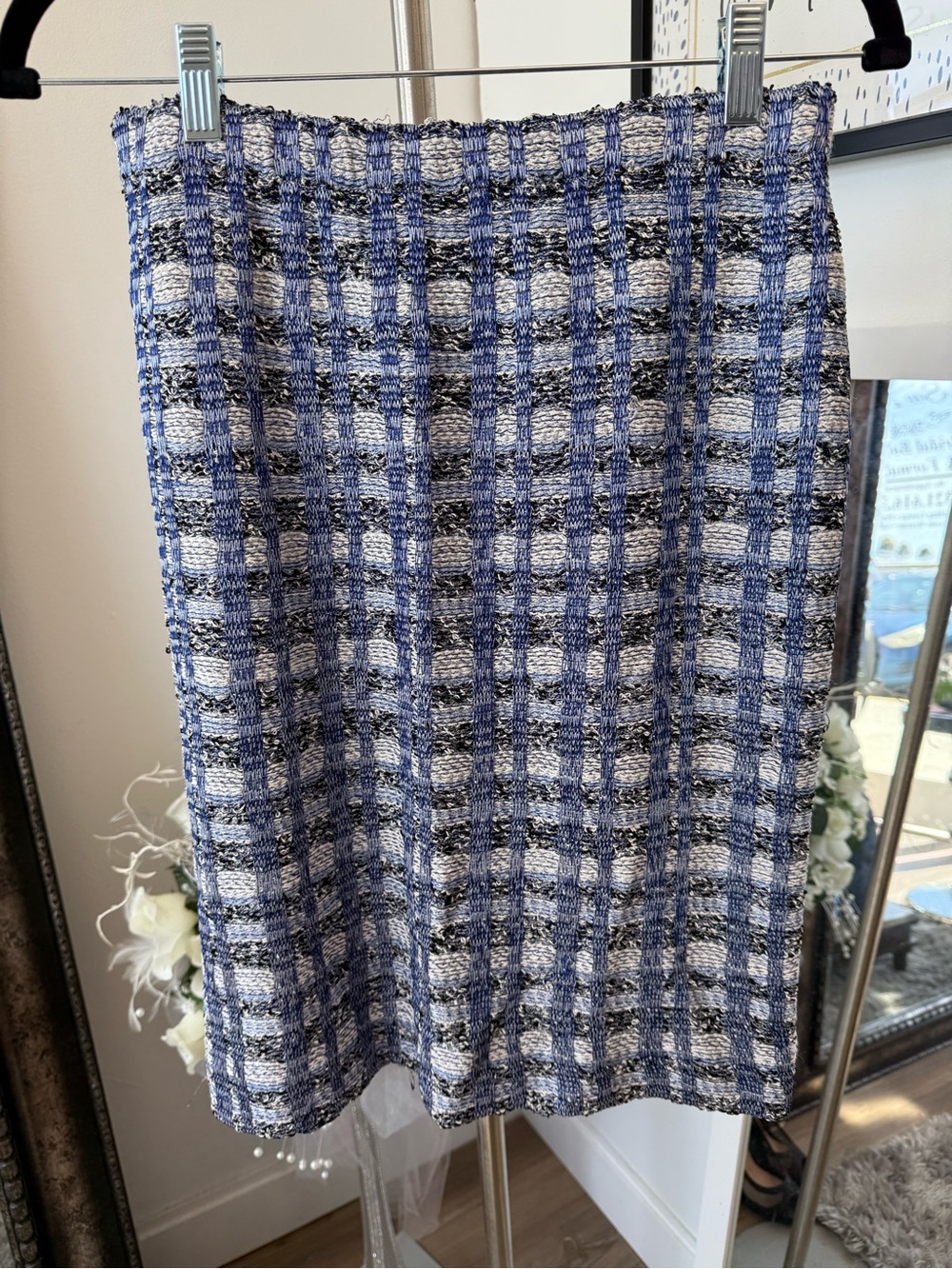 St. John Collection Blue and White Plaid Tweed Pencil Skirt
